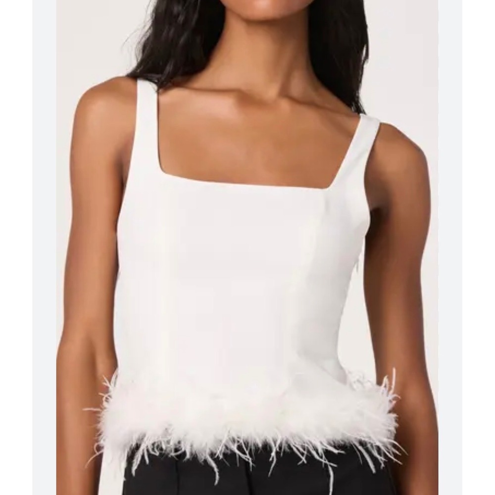 ASTR The Label Feather Trim Top Womens L Off White Square Neck Corset Bridal Chi
